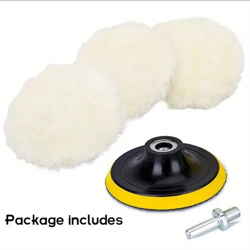 Polishing wool set 4" (100mm) new, 5 pieces with drill adapter