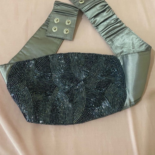 Grey satin belt with Wallis embroidery new, small 75 cm