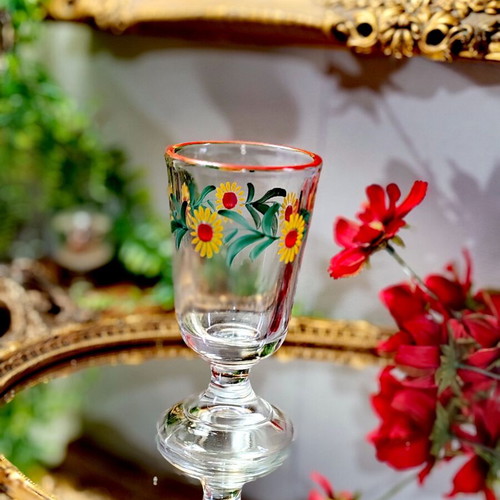 Retro pressed glass collector's cup, hand-painted sunflower design