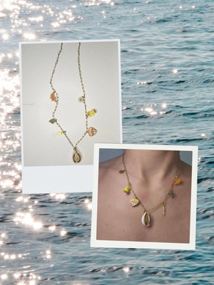 Golden Treasures stainless steel necklace with shell and ceramic fish, new