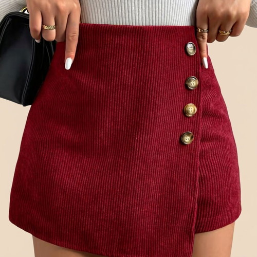 Red wrap skort with decorative button detail, new