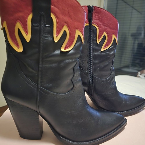 Tsakiris Mallas women's cowboy booties black leather flame pattern, 10cm heel