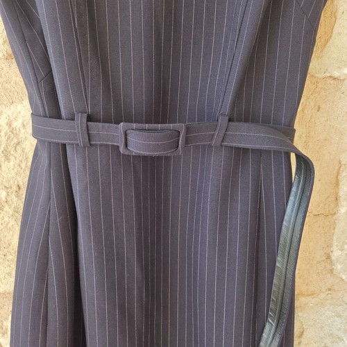 Caractere Pinstripe Belted Sleeveless V-Neck Dress new, deep navy blue