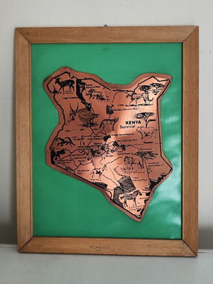 Vintage Kenya Copper Wall Plaque Map used, African art repoussé
