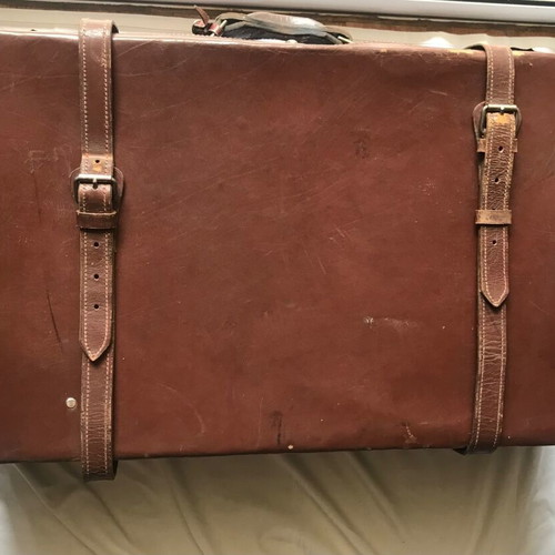 Antique leather suitcase used, handmade, early 20th century