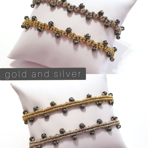 Handmade macrame bracelet with metallic gold cord and hematite stones new