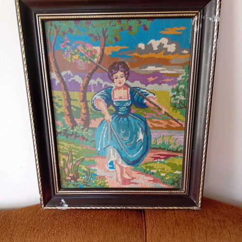 Embroidered painting used 55x45 cm with frame wear