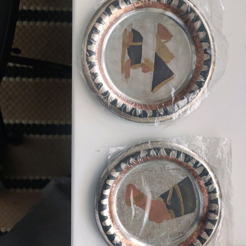 Decorative plates with Egyptian motifs like new, handmade metal coasters
