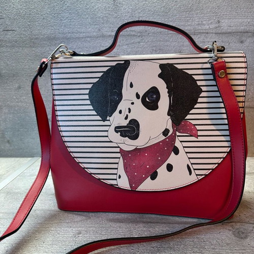 Dalmatian Dogo women's handbag like new, vegan leather, white and red