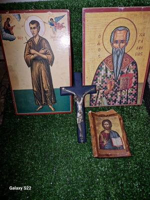 Set of icons Saint Charalampos, Saint John the Russian, Jesus Christ and Crucifix like new