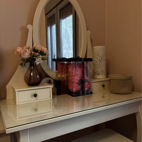 Bedroom boudoir vanity set with mirror and stool, white wood
