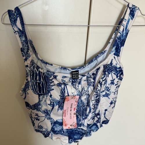 Crop top tank top new, size M, white and blue