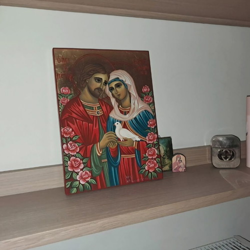 Handmade Byzantine Icon of Saints Peter and Febronia with Flowers