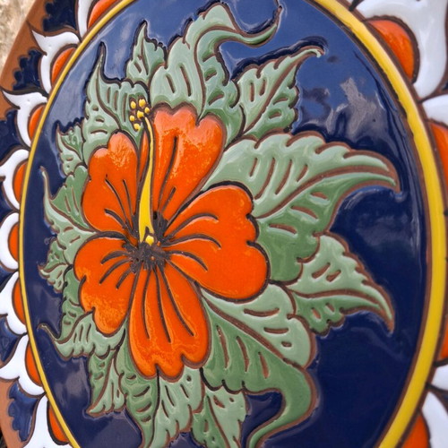 Vintage handmade Rodos ceramic plate with hibiscus motif like new