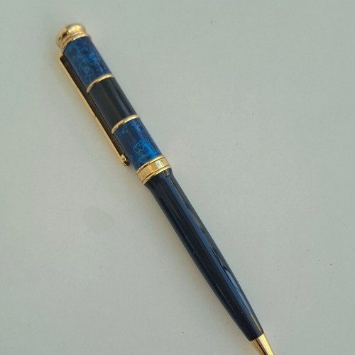 Balenciaga vintage luxury ballpoint pen, black gold and blue marble