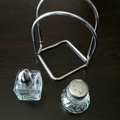 Vintage stand for napkins and glass salt and pepper shakers like new