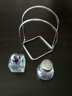 Vintage stand for napkins and glass salt and pepper shakers like new