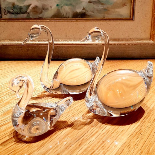 Set of 3 Crystal Swan Figures Kosta Boda & Hering Crystal new
