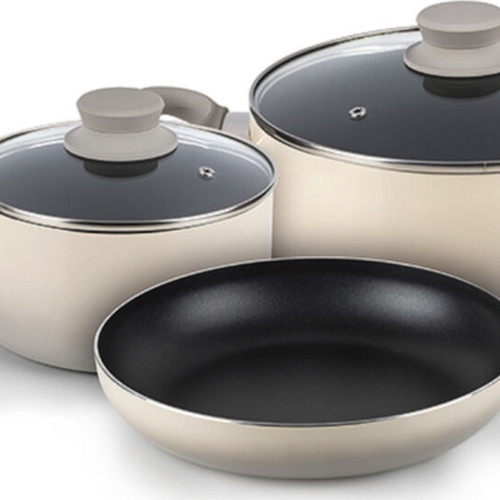 Izzy Ombre Cookware Set 5pcs like new, non-stick aluminum beige