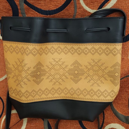 Ophelia handmade women's shoulder bucket bag, ethnic geometric design