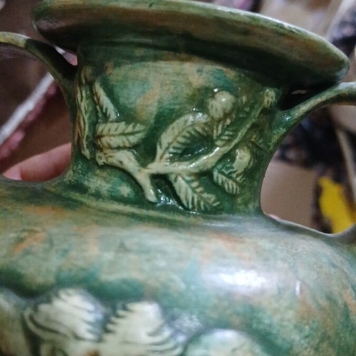 Ceramic amphora with green patina, handmade, used