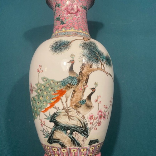Chinese Famille Rose vase like new, 20th century with peacock and peony branch