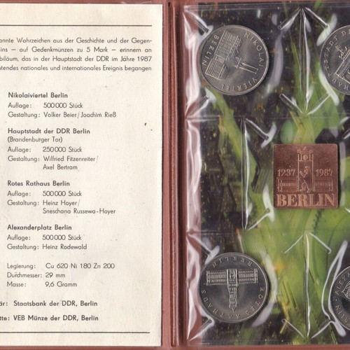 Set of East Germany (GDR) Coins 1987 UNC, 4x5 Mark Berlin Anniversary