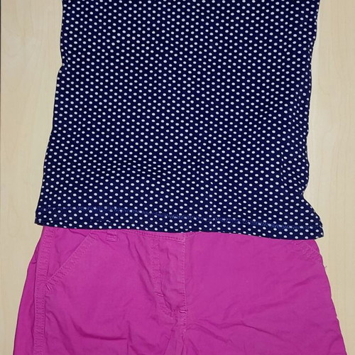 Children's blue polka dot cotton blend blouse and purple Benetton shorts set