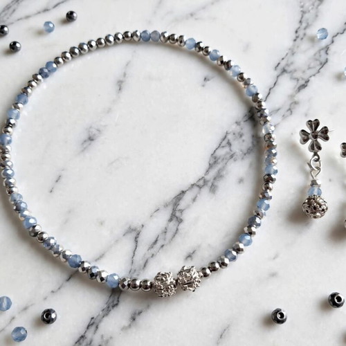 Handmade crystal beaded elegant jewelry set, new, gray and silver