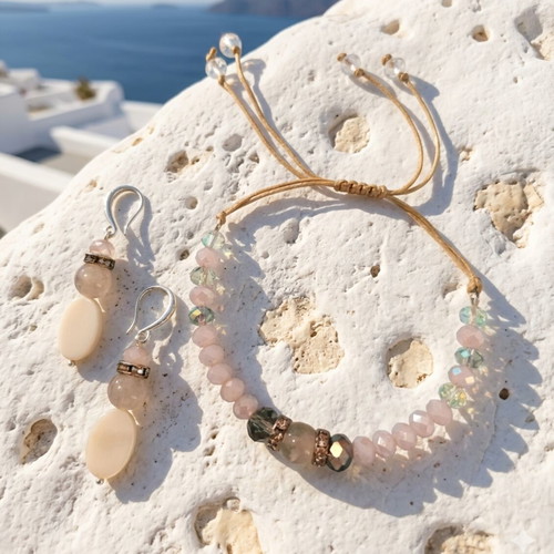 Bracelet and earrings set with rose quartz, pearl, and crystals new