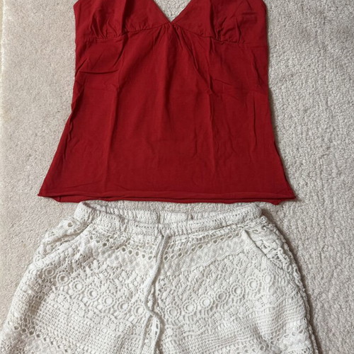 Crochet shorts and Fornarina red top set like new