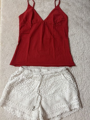 Crochet shorts and Fornarina red top set like new