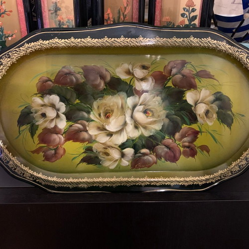 Decorative metal tray hand-painted used