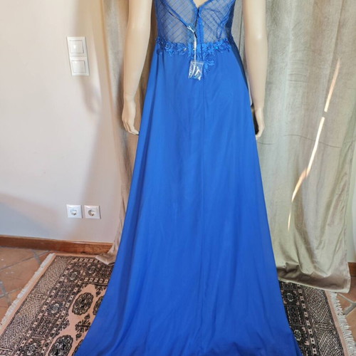 Long blue evening dress with embroidered lace bust and V back