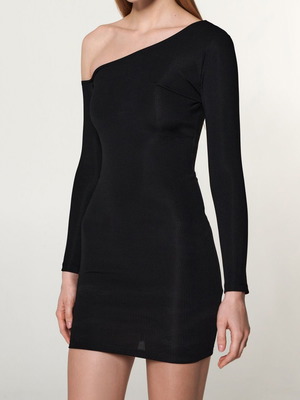 Sinsay black mini dress long sleeve one shoulder XL new