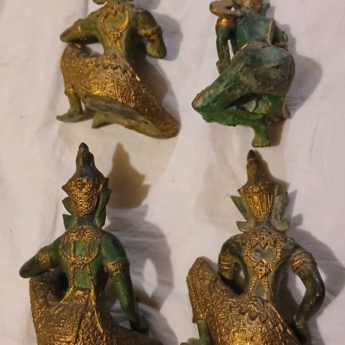 Handmade deities used, set of 4, gilded bronze