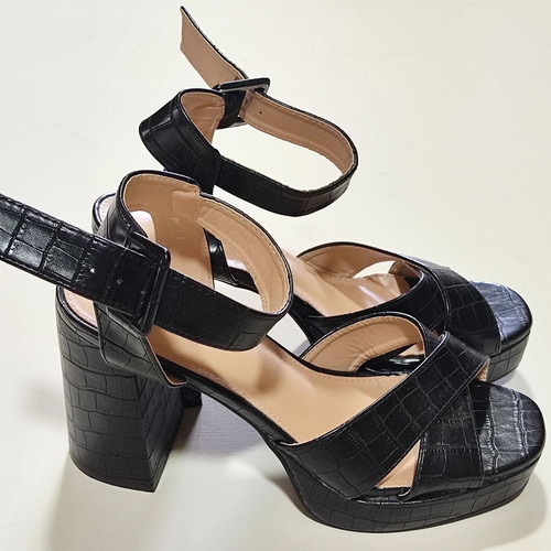 Black Faux Leather Sandals with Thick Sole and 11cm Heel Size 40 New