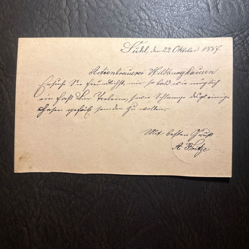 German handwritten brewery card 1887, new