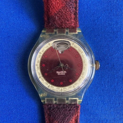 Swatch automatic wristwatch, red fabric and leather strap