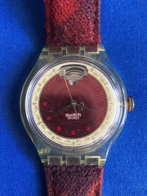 Swatch automatic wristwatch, red fabric and leather strap