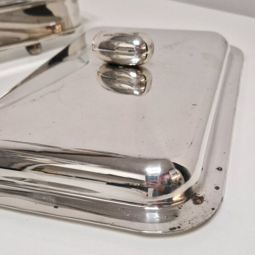 Vintage silver-plated tray with Pyrex used, with base and lid
