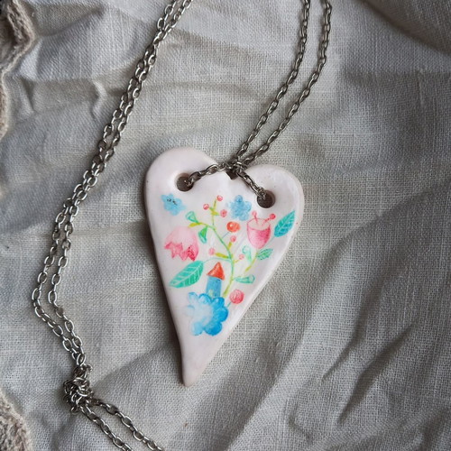 Handmade heart-shaped pendant made of polymer clay new