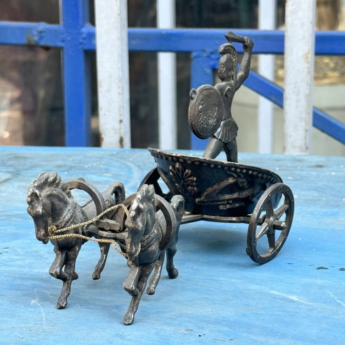 Ancient Greek decorative chariot with warrior and horses, 19 cm