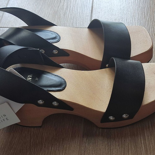 Zara wooden clogs sandals platform leather boho chic 37