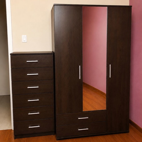 Bedroom furniture set with 3-door wardrobe and 7-drawer chest wenge like new