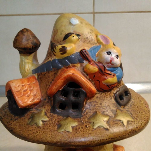 Ceramic Easter Tree House with Rabbits collectible, used