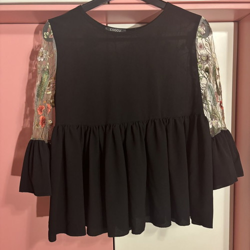 Coocu Black Blouse with Embroidered Floral Tulle Sleeves, Like New, Size M