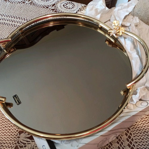 Round serving tray with mirror and gilded frame new