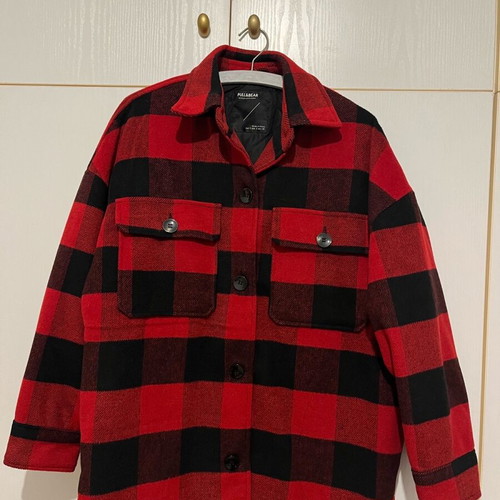 Pull & Bear coat new oversize plaid black red