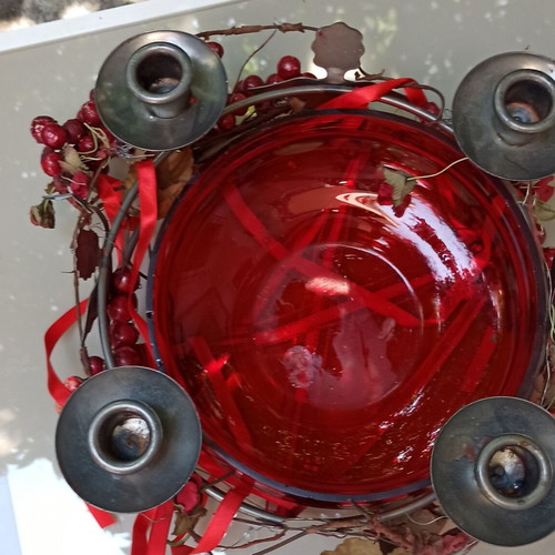 Metal Table Candlestick with 4 Candle Holders and Red Glass Bowl like new